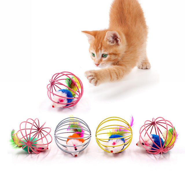 Gatto bacchetta di piuma di bastone di Toy interattiva con piccola materia plastica giocattolo di gabbia di topo di campanello provviste di animale domestico dell'attaccabrighe di gatto piene di colore artificiali Toy